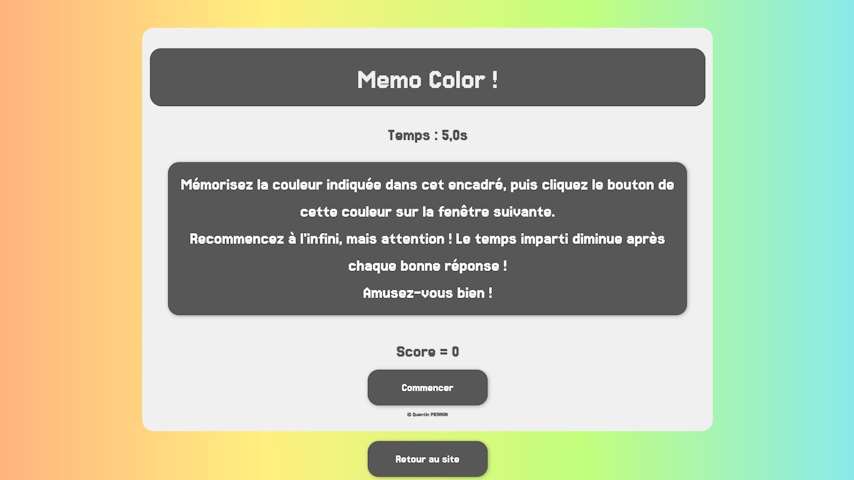 Prévisualisation du minijeu Memo Color créé par Quentin PIERRON