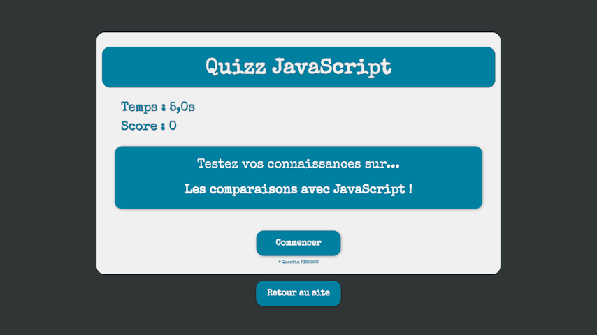Prévisualisation du minijeu Quizz Javascript créé par Quentin PIERRON
